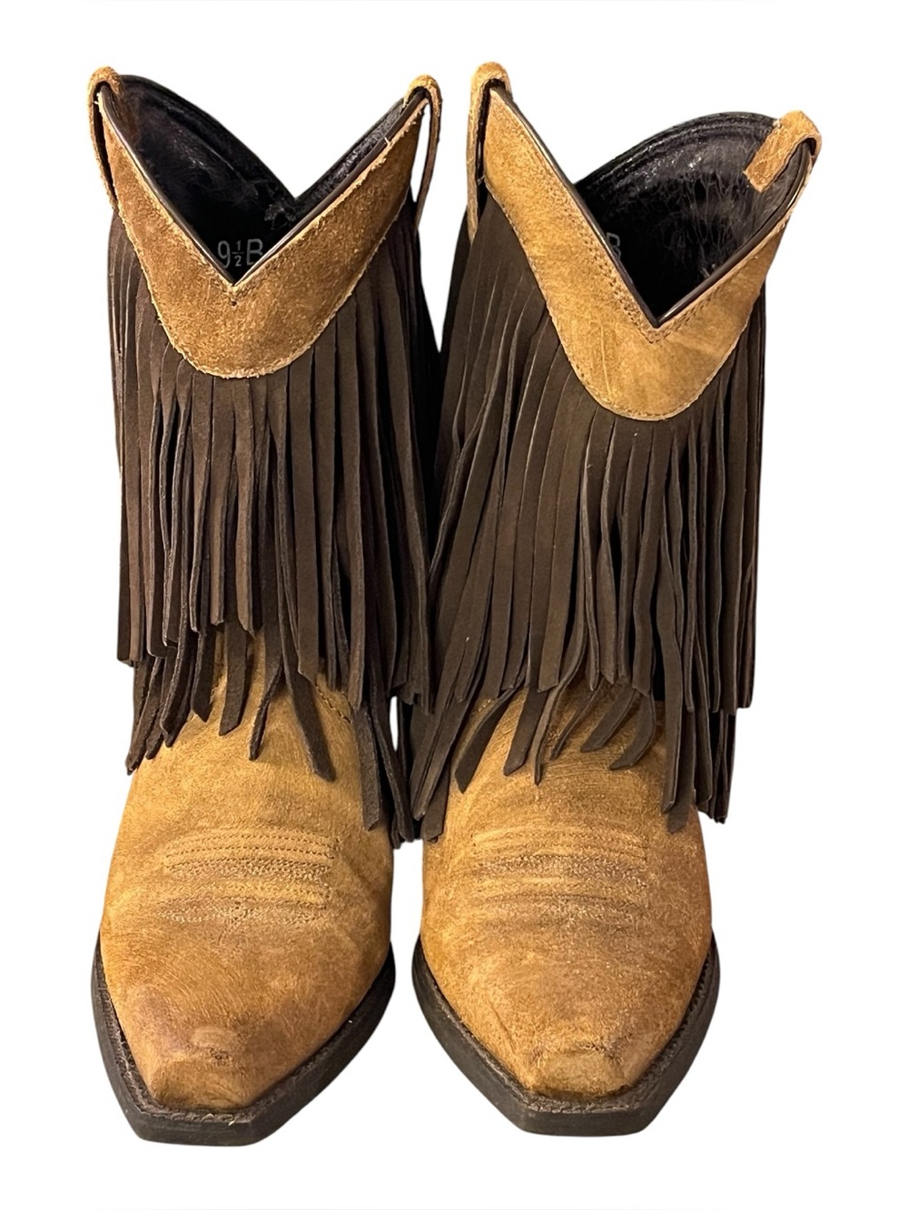 Ariat Two-Tone Suede Fringe Cowboy Boots in Tan and Dark Brown